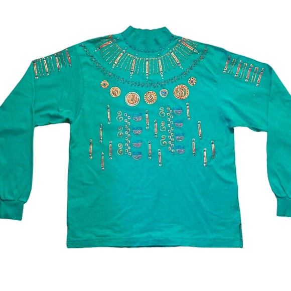 Vintage 90's Hand Painted Glitter Puff Paint Turquoise Mock Neck Longsleeve T - Picture 1 of 6